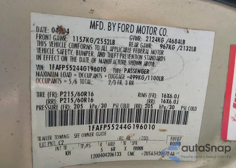 2004 Ford Taurus Ses z USA, uszkodzony, nr VIN 1FAFP55244G196010